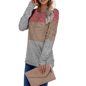Close-up detail of women's long sleeve color-blocked sweatshirt with a soft heathered texture