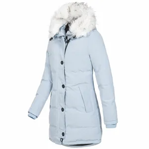 Parka invernale da donna di media lunghezza celeste con cappuccio in ecopelliccia bianca
