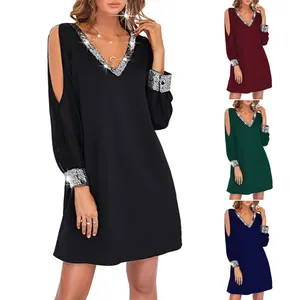 Women V Neck Cold Shoulder Dress Sequin Patchwork Long Sleeve Casual Solid Color Polyester Mini Dress Fashion Party Dress