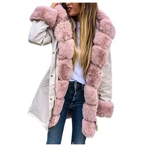 Close-up of women's hooded warm parka featuring soft pink faux fur trim and metal buttons