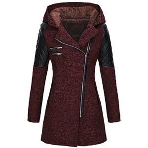 Front view of burgundy hooded coat with black quilted sleeves and asymmetric zipper detail