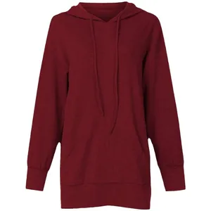 Loose fit solid burgundy long sleeve oversized hoodie dress with front kangaroo pocket