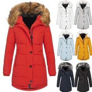 Cappotto Invernale da Donna Medio Lungo con Cappuccio e Collo in Pelliccia Sintetica Parka Caldo in Poliestere Imbottito Tinta Unita