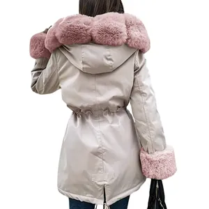 Detailed back view of women's stylish warm hooded parka jacket with pink faux fur trim