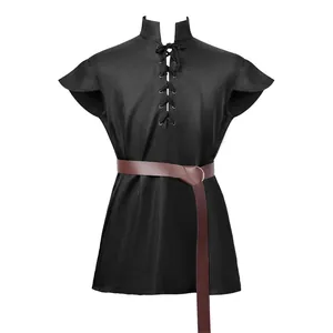 Medieval unisex black lace-up tunic with brown belt for Halloween cosplay costume