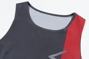 Close-up detail of the round neckline and fabric texture on a grey and red sleeveless dress.