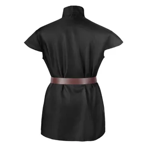 Back view detail of a medieval style black tunic with brown waist belt for cosplay