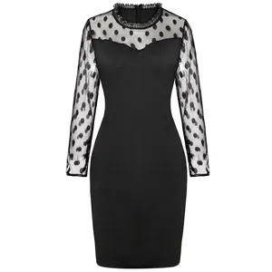 Elegant black bodycon dress featuring sheer polka dot mesh sleeves and lace trim collar