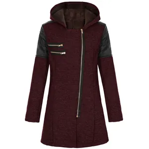 Detail of women's burgundy hooded coat with asymmetrical zipper and plush lining.