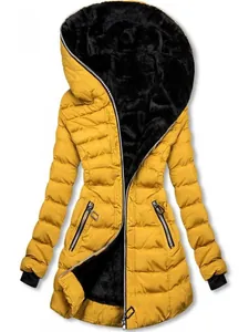 Stylish yellow mid-length winter jacket for women with warm black fleece lining and hood