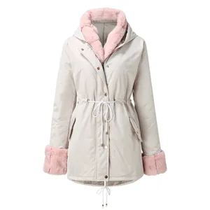 Front view of women's beige hooded winter parka with soft pink faux fur collar and cuffs.