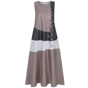 Sleeveless vintage summer maxi dress featuring a chic brown and black color block pattern