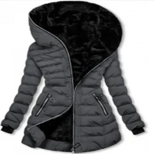 Women's dark grey hooded winter coat with plush black fur lining and zipper closure