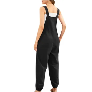 Detailed back view of women's black cotton linen overalls jumpsuit for casual style