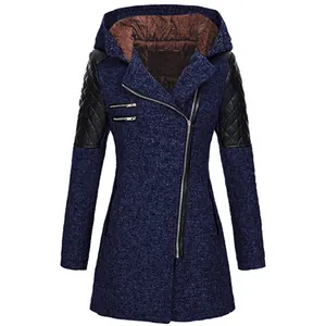 Blue hooded woolen trench coat with black quilted faux leather sleeves and diagonal zipper