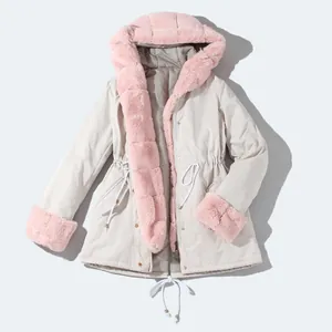 Women's beige hooded parka coat with pink faux fur lining and drawstring waist detail