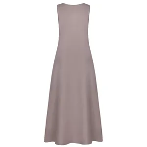 Back view of a sleeveless mauve maxi dress featuring a flowing A-line silhouette