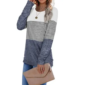 Casual tri-color block long sleeve crew neck pullover sweatshirt for women's autumn style