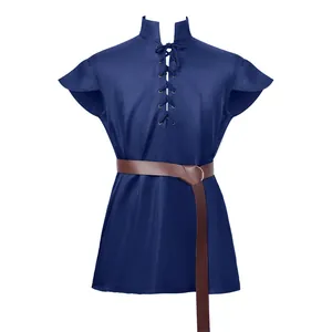 Close-up detail of blue medieval tunic with lace-up collar and brown leather waist belt