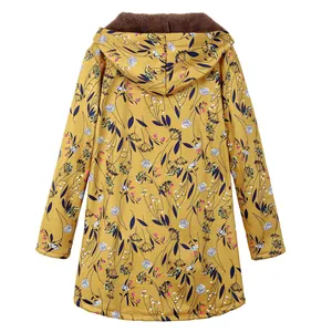 Mustard yellow floral hooded coat jacket back view with plush brown faux fur lining
