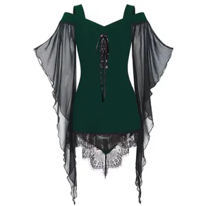 Dark green Gothic lace-up top featuring sheer bell sleeves and irregular lace hem