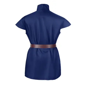 High-quality back view of a navy blue medieval tunic featuring a brown waist belt