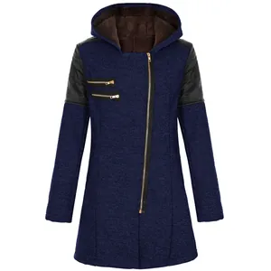 Detailed view of women's hooded navy wool coat featuring asymmetric zippers and plush lining.