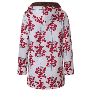 Back view detail of women's thick hooded jacket with red floral print on white