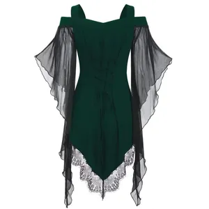 Front view detail of gothic dark green top with black chiffon bell sleeves and lace trim hem