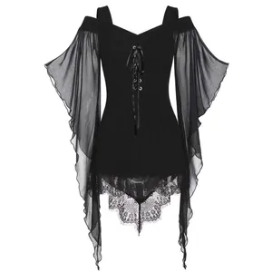 Gothic black chiffon top featuring flared sleeves and an irregular lace trim detail