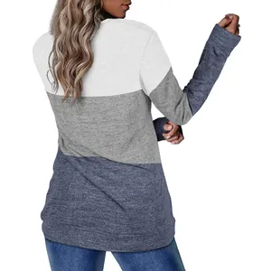 Back view of a casual women's color-block crewneck long-sleeve sweatshirt in blue and gray