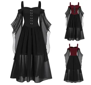 Gothisches Halloween-Hexenkleid mit ausgestellten Ärmeln und Schnürung