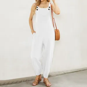 Stylish women's white cotton linen overalls jumpsuit with chest pocket and buttons detail