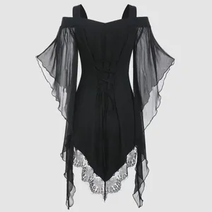 Detailed view of a black Gothic top featuring a lace-up back and flared chiffon sleeves.