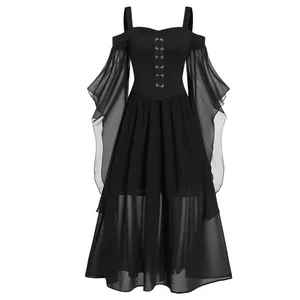 Gothic witch long dress with flared bell sleeves and lace-up corset front details