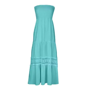 Élégante robe longue bohème bustier turquoise avec dentelle ajourée et jupe à volants chic