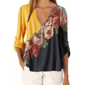 Summer floral print V-neck patchwork vintage blouse for women in yellow and grey colors