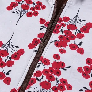 Detail of women's floral print hooded jacket with brown zipper and fleece lining