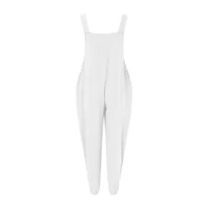 Back view of a solid white casual cotton linen jumpsuit for women featuring wide shoulder straps
