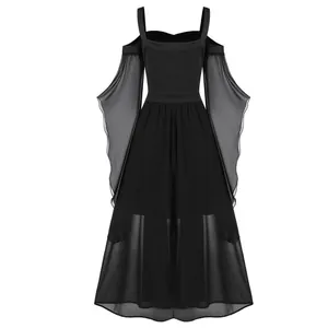 Black Gothic witch long dress featuring sheer flare sleeves and irregular layered hemline