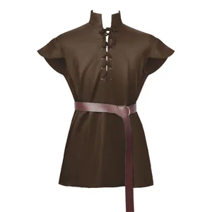 Close-up detail of a classic brown medieval sleeveless lace-up tunic with a matching waist belt