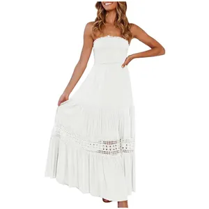 Robe longue bohème blanche bustier élégante avec dentelle et taille haute smockée