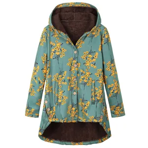 Floral fleece-lined hooded coat with irregular high-low hem and button closure