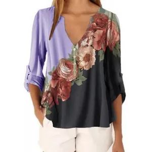Vintage women's floral print V-neck patchwork blouse with adjustable 3/4 sleeves