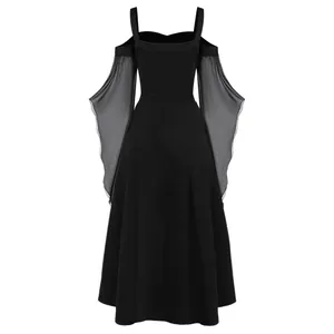 Vestido gótico negro de bruja con mangas acampanadas y hombros fríos para Halloween