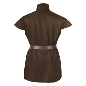 Detailed back view of a medieval renaissance tunic featuring a dark brown waist belt