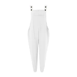Detailed view of white cotton linen sleeveless overalls with pocket and button straps
