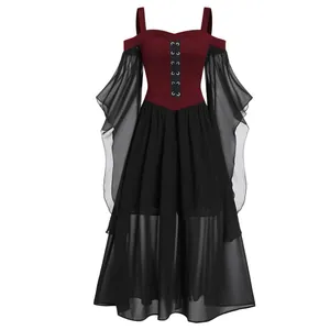 Detail of Gothic lace-up dress with burgundy bodice and sheer black bell sleeves.