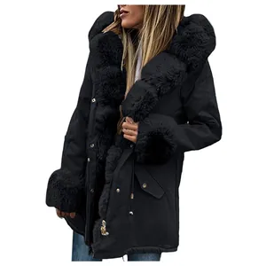Detailed view of women's black winter hooded jacket featuring premium thick faux fur trim