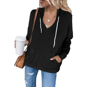 Top Felpa con Cappuccio Donna in Poliestere Tinta Unita Scollo a V Coulisse Tasca a Marsupio Casual Autunno Manica Lunga